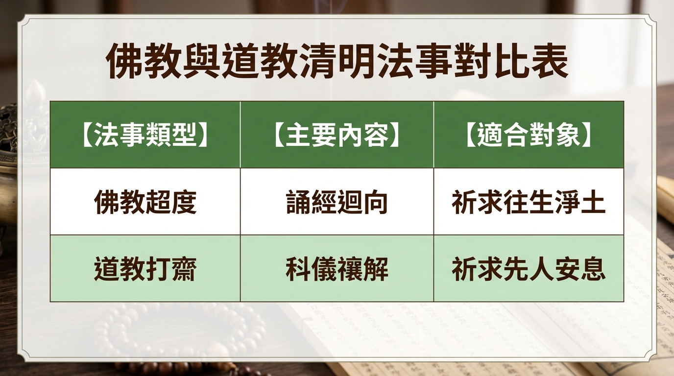 佛教與道教清明法事對比表，列出兩種宗教儀式的主要內容與適合對象