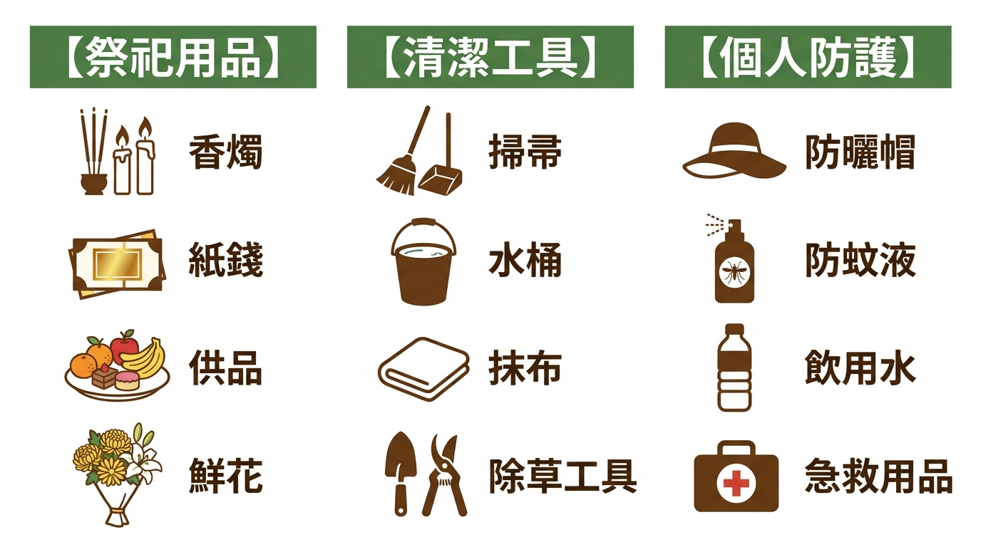 掃墓必備物品分類圖表，分為祭祀用品、清潔工具、個人防護三大類，每類列出關鍵物品清單