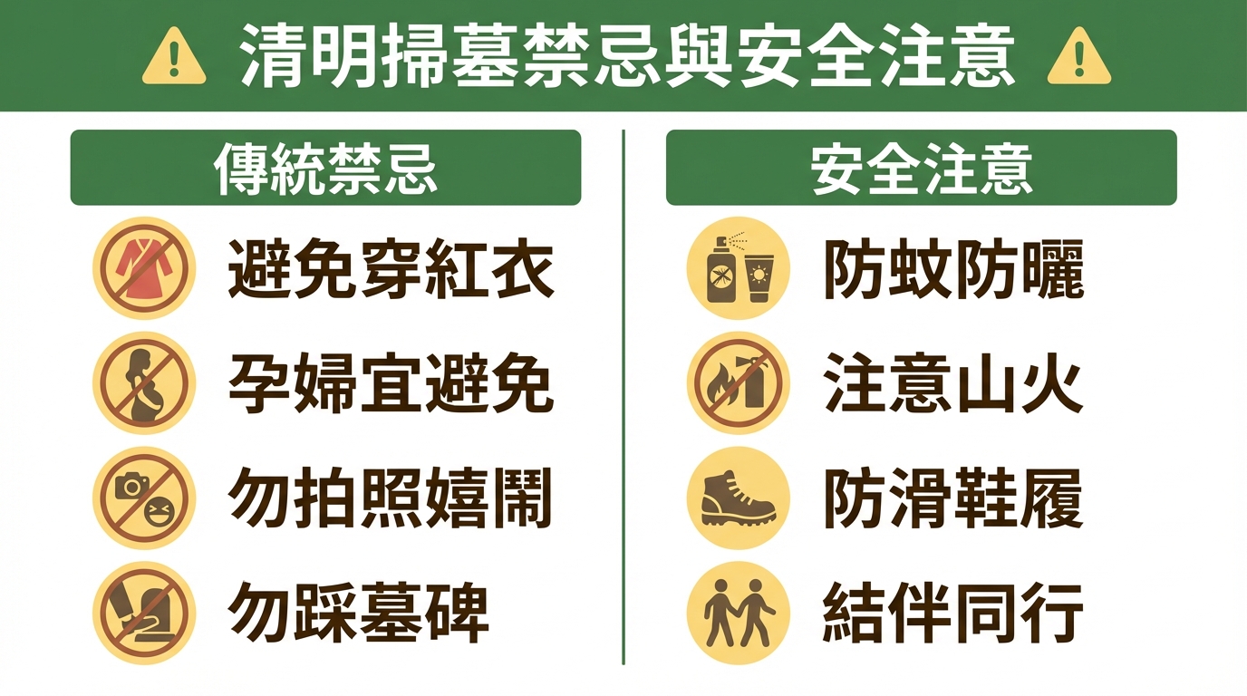 清明掃墓禁忌與安全注意事項圖表，左欄列出傳統民俗禁忌，右欄列出實際安全提示